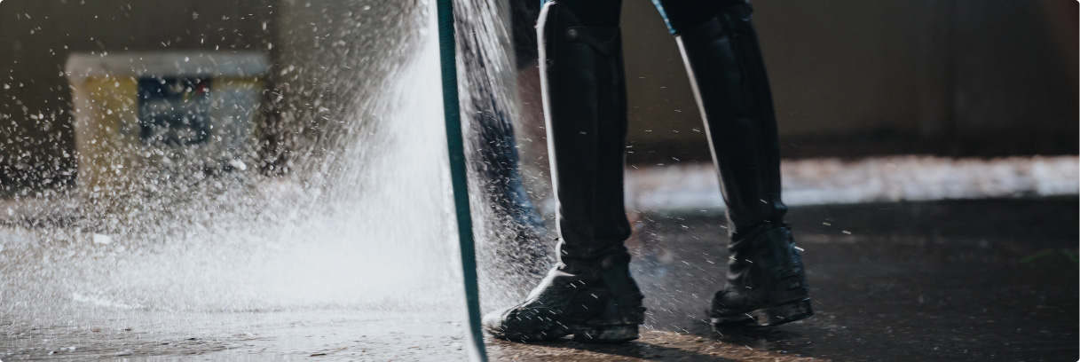 Cleaning equestrian stall with water hose