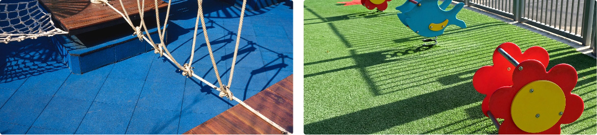 Playground rubber tiles and artificial turf with playpad foam